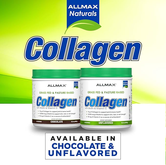 ALLMAX Collagen Powder Grass Fed &amp Pasture Raised – with Biotin (10000 mcg) &amp Vitamin C (90 mg) (440 Grams Unflavored)