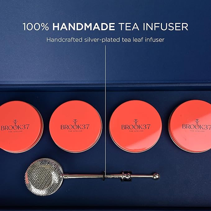 Brook37 Epicurean Tea Gift Box - 4-Pc Assorted Loose Leaf Tea Variety Pack Collection| Handcrafted Silver Plated Tea Infuser and Gift Box included | English Breakfast Phyllis Earl Grey Bengal Chai
