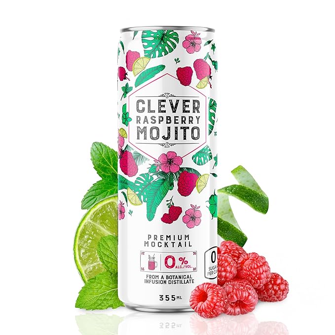 CLEVER - Raspberry Mojito Nonalcoholic Mocktails for Any Occasion Sugar-Free Beverages with Botanical Extracts Low-Calorie Mocktails Non-alcoholic Drinks with 10 Calories Pack of 12 (12 oz Ea)