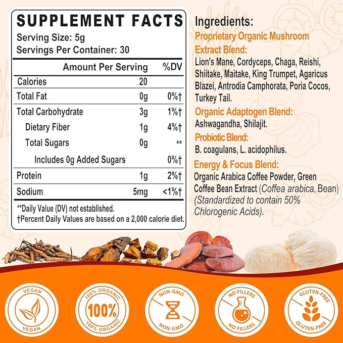 Mushroom Coffee - Mushroom Coffee Organic with 11 Superfood Mushrooms Includes Lion's Mane Reishi Chaga Cordyceps and Adaptogens Mushroom Supplement for Energy Focus Memory and Immunity - 5.3oz