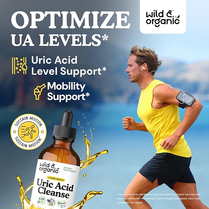 Wild &amp Organic Uric Acid Cleanse Liquid Drops - Tart Cherry Turmeric Celery Chanca Piedra Dandelion Root Extract Complex - Uric Acid Supplement - Vegan Sugar &amp Alcohol-Free Tincture - 4 f
