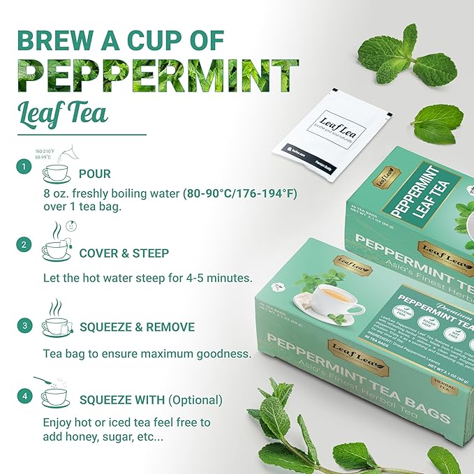 LeafLea 80 Premium Peppermint Tea Bags 100% Natural Peppermint Leaf Tea Te de Menta for Soothing Throat &amp Refreshing Breath Light and Smooth Flavor Caffeine-Free Sugar-Free Individually Wrap
