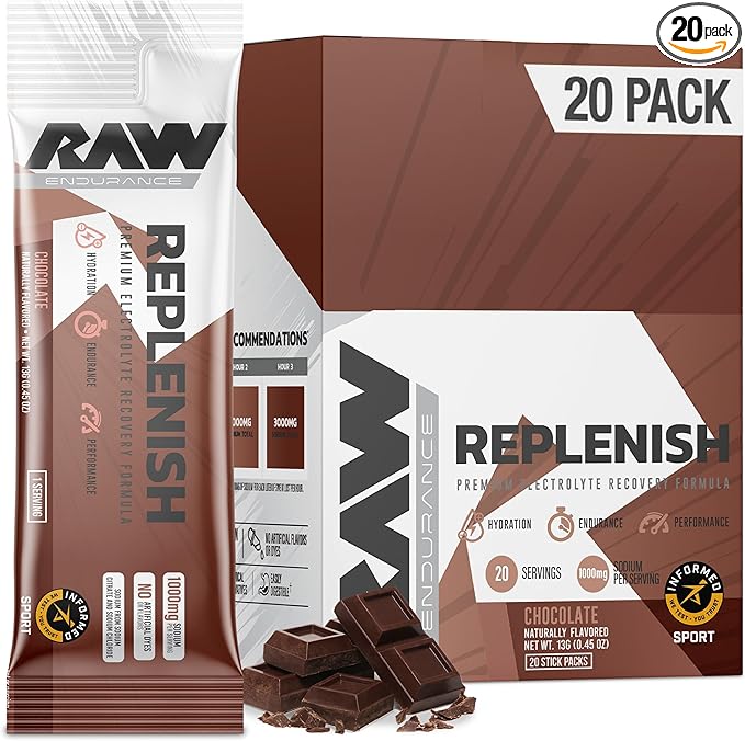 RAW Replenish Packets Premium Electrolytes Powder Recovery Formula Chocolate (20 Stick Packs) - Flavored Electrolyte Drink Mix for Hydration Replenishment Endurance &amp Performance Workouts