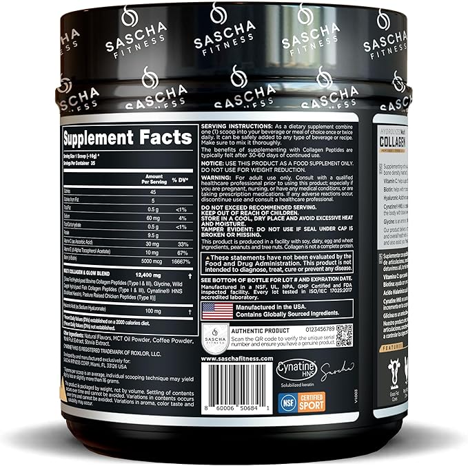 SASCHA FITNESS Hydrolyzed Multi Collagen Peptides Tipes 12 &amp 3 |Hyaluronic Acid|Biotin |Cynatine HSN|Vitamin C &amp E |for Hairs Skin &amp Bone Support|Caramel Macchiato