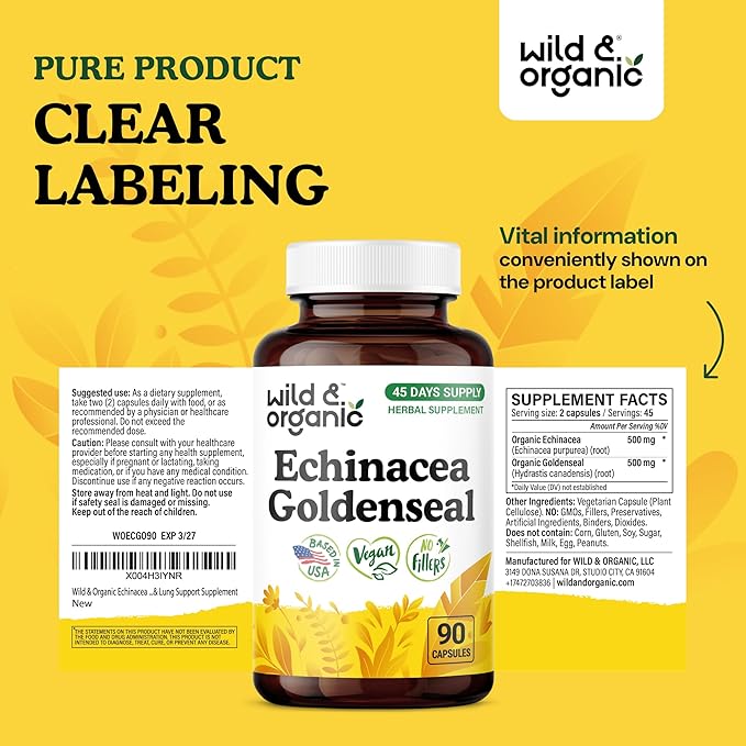 Wild &amp Organic Echinacea Goldenseal Capsules - Immune &amp Lung Support - Echinacea Complex Supplement - Hydrastis Canadensis &amp Purpurea - Vegan No Fillers Non-GMO - 90 Count