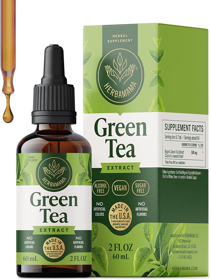 HERBAMAMA Green Tea Extract Drops - Vegan Antioxidant &amp Overall Support with Camellia Sinensis Extract Tincture - Non-GMO Alcohol &amp Sugar-Free Natural Green Tea Supplements 42-Day Supply
