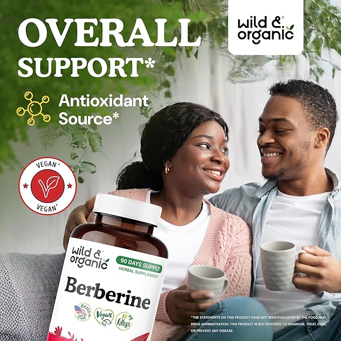 Wild &amp Organic Berberine Supplement Capsules 1000 mg - Antioxidant &amp Overall Support - Pure Berberine HCL Powder - 90 Days of Supply - Berberis Aristata Bark - Vegan No Fillers Non-GMO - 180