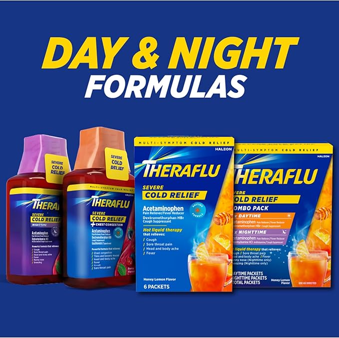 Theraflu Combo Daytime and Nighttime Severe Cold Relief Honey Lemon Flavor Powder_ and Daytime Severe Cold Relief Berry Burst Flavor Powder _6 Daytime + 6 Nighttime and 6 Berry Burst Powder Packets