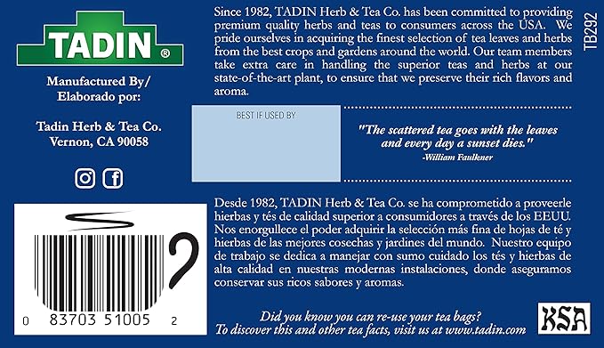 Tadin Detox Tea with Dandelion Root Herbal Tea Caffeine Free Best Enjoyed Hot 24 Tea Bags Per Box Pack of 1