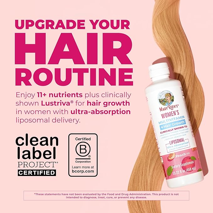 MARYRUTH'S Women's Multivitamin + Lustriva Hair Growth Liposomal | Biotin 10000mcg | Clinically Tested for Thicker Fuller Hair Improved Facial Fine Lines &amp Wrinkles | Ages 18+ | 15.22 Fl Oz