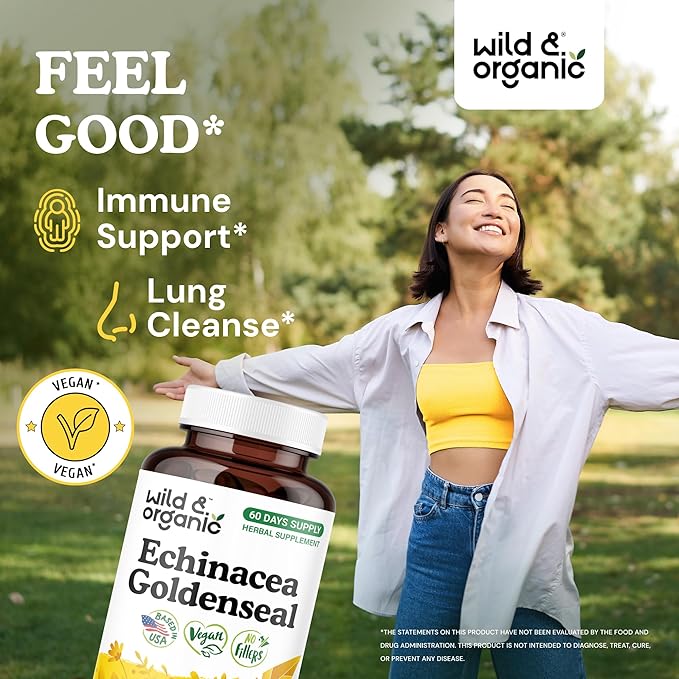 Wild &amp Organic Echinacea Goldenseal Capsules - Immune &amp Lung Support - Echinacea Complex Supplement - Hydrastis Canadensis &amp Purpurea - Vegan No Fillers Non-GMO - 120 Count