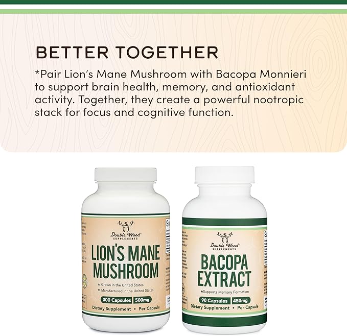 Organic Lions Mane Mushroom Capsules (300 Count) for Focus Support and Immune Health Third Party Tested and Grown in The USA - by Double Wood