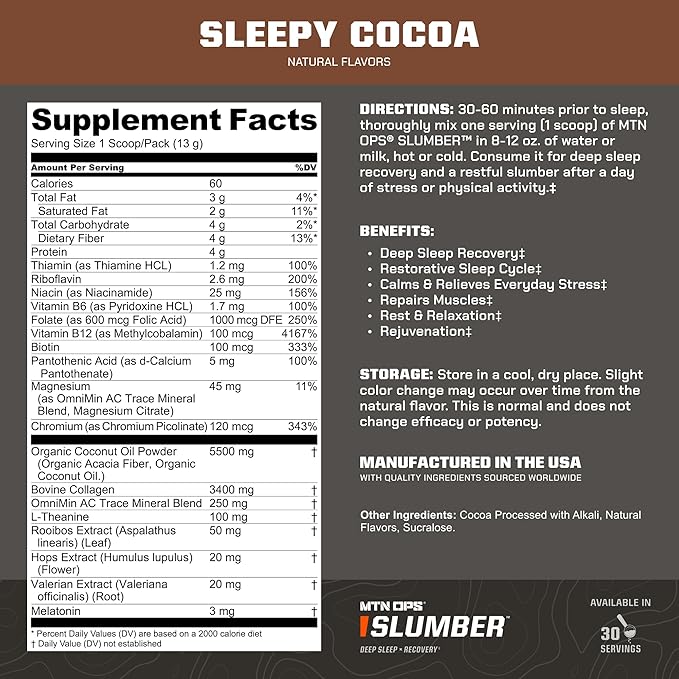MTN OPS Slumber Sleep Aid for Muscle Recovery &amp Deep Sleep Sleepy Cocoa Sleep Support Powder Drink Mix 30 Servings