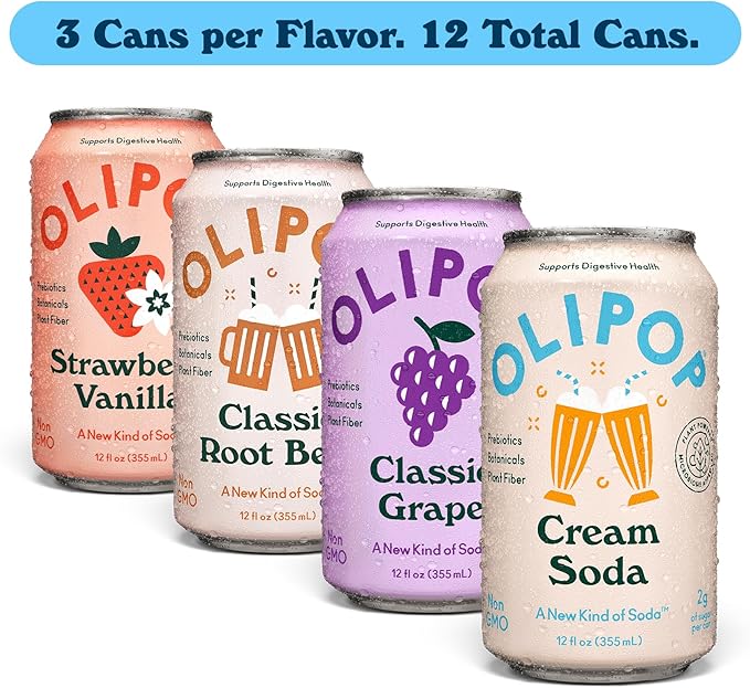 OLIPOP Prebiotic Soda Pop Favorites Variety Pantry Pack Packed with Prebiotics Fiber and Botanicals Gluten Free GMO Free 12oz (12-Cans)