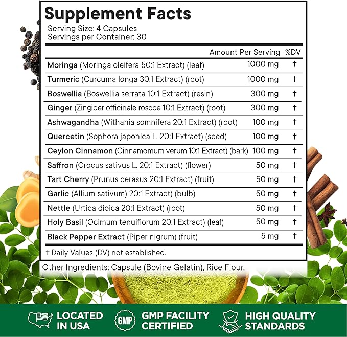 Turmeric Moringa Supplement | Ginger Boswellia Saffron Holy Basil- Joint Support Supplement for Women and Men with Ceylon Cinnamon Quercetin Tart Cherry- 240 Count