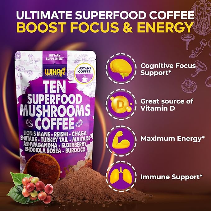 WIXAR Superfood Mushroom Coffee - Instant Coffee Powder Ten Superfood Extracts with Lion's Mane Turkey Tail Reishi Chaga Shiitake Ashwagandha Rhodiola Rosea Elderberry 5oz Mushroom Supplement