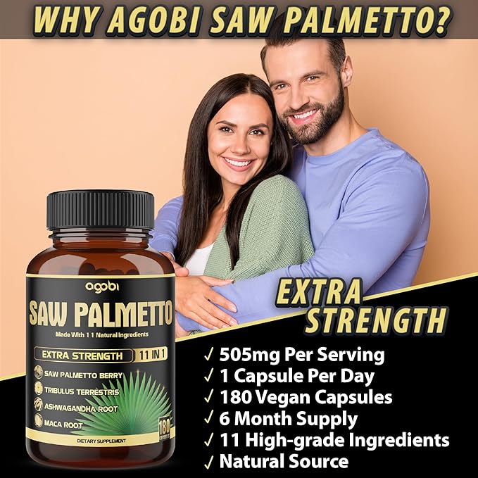 11in1 Saw Palmetto Capsules with Ashwagandha Turmeric Tribulus Maca Green Tea Ginger Holy Basil &amp More - Healthy Prostate &amp Hair Support - 180 Count 6-Month Supply