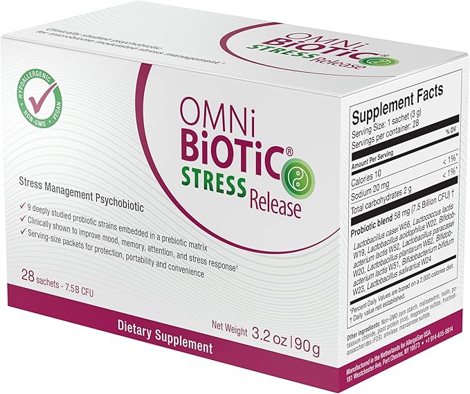 OMNi BiOTiC Stress Release - Clinically Tested Probiotic for Stress Management &amp Gut-Brain Axis Support - Stress Probiotic and Mood Probiotic - Vegan Non-GMO (28 Daily Packets)