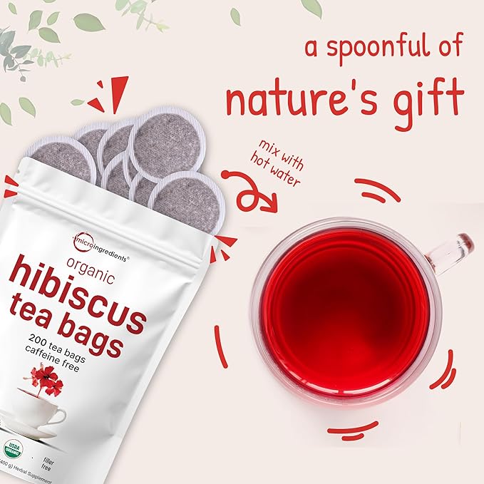 Organic Hibiscus Tea Bags 200 Count | Premium Source from Hibiscus Flowers | Caffeine Free Herbal Tea | Eco-Friendly Hemp Paper Tea Bags | Non-GMO No Sugar
