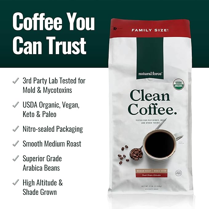 Natural Force - Bulk Organic Clean Coffee Classic Mold &amp Mycotoxin Free Lab Tested for Toxins &amp Purity Low Acidity Incredible Taste &amp Aroma Whole Bean Medium Roast 5 lbs