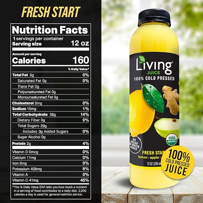 O2 Living Juice Cold Pressed Drink - Fresh Start Organic Juice Pack - No Added Sugars or Water Naturally Sweetened from Fruits Rich in Nutrients &amp Vitamins - Refreshing &amp Non-GMO - 12 fl oz