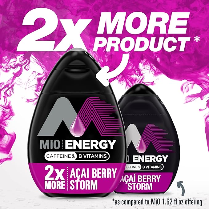 MiO Energy Acai Berry Storm Naturally Flavored with other natural flavors Liquid Water Enhancer Drink Mix with Caffeine &amp B Vitamins with 2X More (3.24 fl. oz. Bottle) (Pack of 4)
