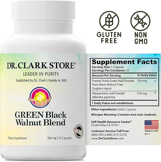 Dr Clark Green Black Walnut Blend - Freeze Dried Hull Dietary Supplement Extra Strength Formula from All Natural Walnuts Supports Healthy Intestinal Environment 360mg 50 Gelatin Capsules