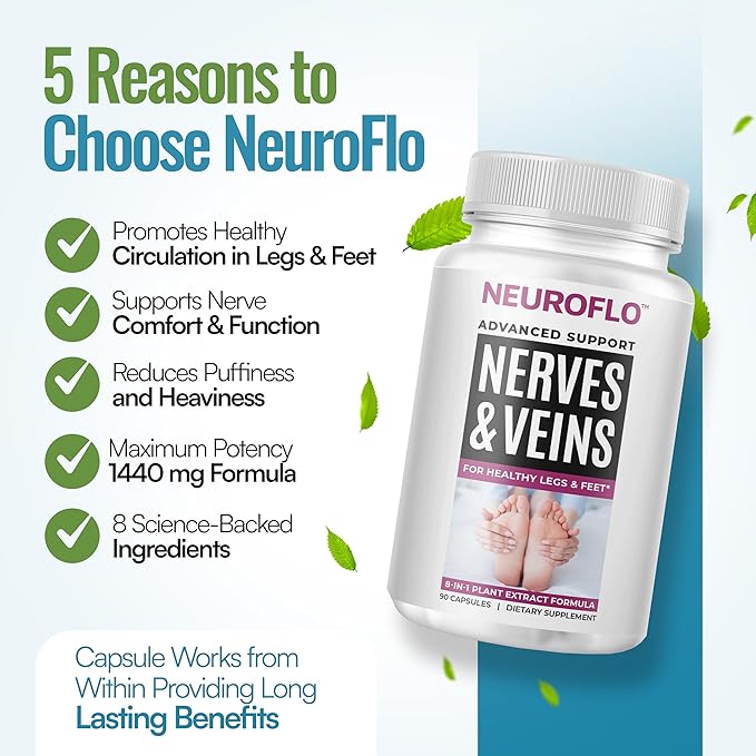 Mizzle Leg Circulation Supplement - Supports Nerves Veins with 1470mg 8 in 1 Capsule of Chestnut Diosmin Hawthorn for Maximum Relief in Toes Feet Ankles Calves Legs - Neuroflo