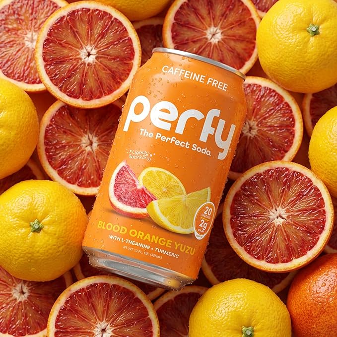 PERFY Healthy Soda for Brain &amp Mood – Nootropics w/L-Theanine &amp Turmeric + Real Fruit Juice – Caffeine-Free Low Cal Low Sugar Keto Gluten-Free (12-pack Blood Orange Yuzu)