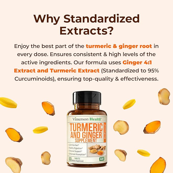 Turmeric Curcumin Supplement with Ginger Root for Joint Support Digestive &amp Gut Health - Contains Organic Turmeric Curcumin with Black Pepper (Bioperine) for Enhanced Absorption - 60 Tablets