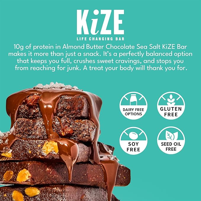 KiZE Energy Bars - Almond Butter Chocolate Sea Salt - Gluten Free Dairy Free Non-GMO &amp High Protein Meal Replacement Energy Bars Clean Food Ingredients - 10g High Protein Snacks (20 Count)