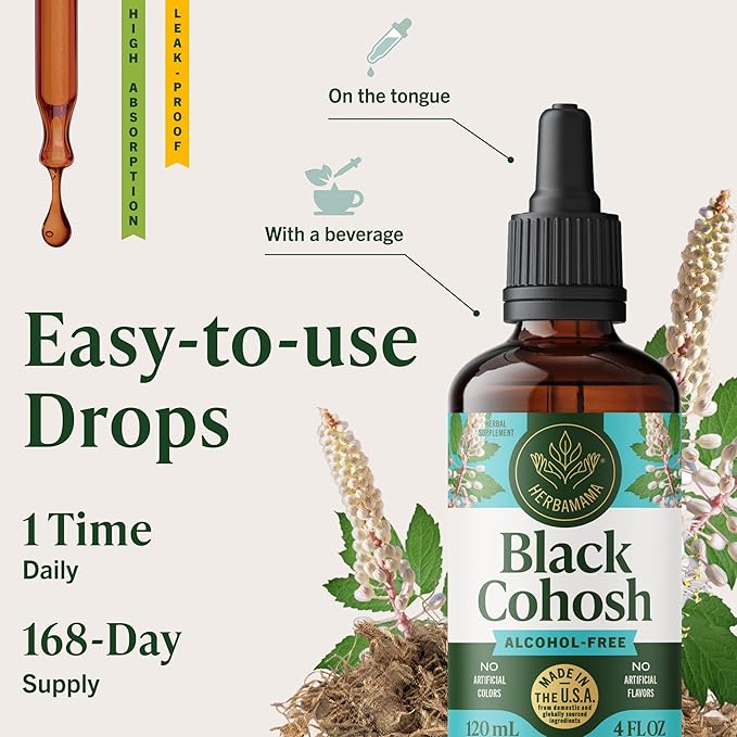 HERBAMAMA Black Cohosh Tincture - Vegan Women's Support with Black Cohosh Root Extract Drops - Non-GMO Alcohol &amp Sugar-Free Liquid Herbal Supplement 168-Day Supply