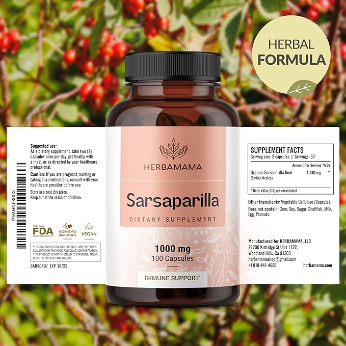 HERBAMAMA Sarsaparilla Root Capsules - 1000mg Sarsaparilla Powder for Herbal Liver Cleanse Support - Vegan Non-GMO Smilax Liver Supplement