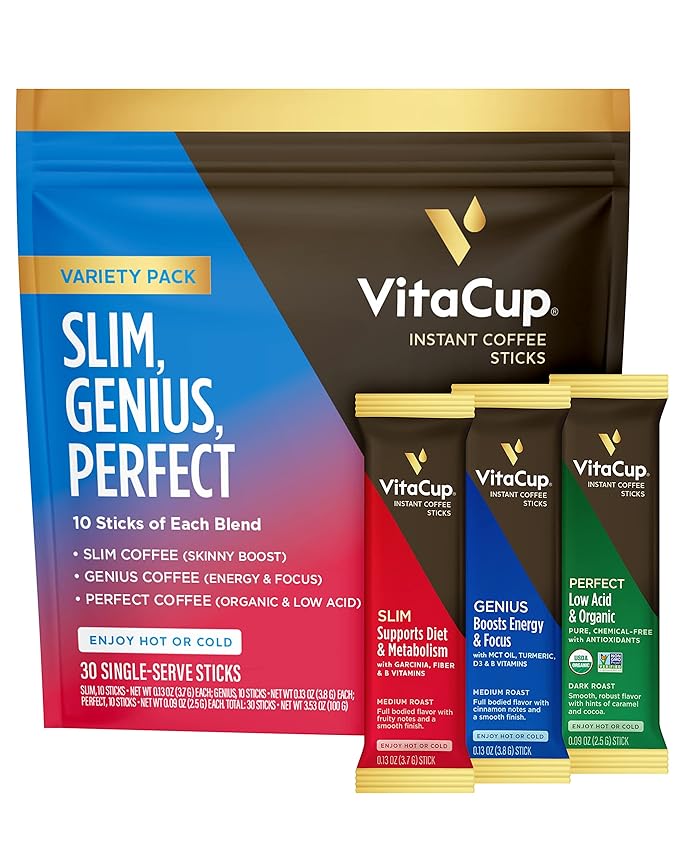 VitaCup Instant Coffee Sticks Slim w/Garcinia for Diet &amp Metabolism Keto Genius w/MCT Oil for Energy &amp Focus 10ct &amp Low Acid USDA Organic Chemical Free Perfect 10ct Coffee 30ct Bundle