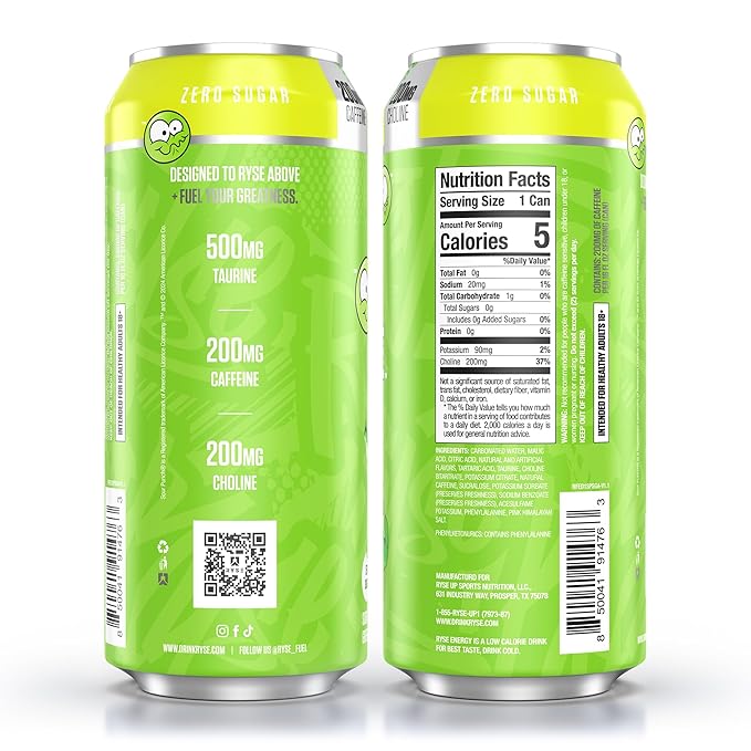 RYSE Fuel Energy Drink - Sour Punch Green Apple - Sugar Free Gluten Free &amp Vegan - 200mg Natural Caffeine Taurine &amp Choline for Focus &amp Energy - No Artificial Colors - 16 fl oz Cans (12-