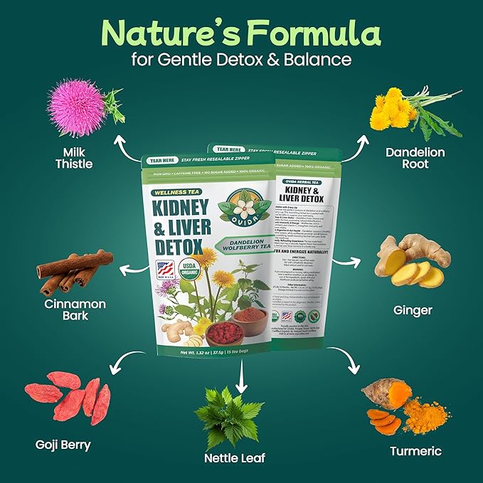 Ovida Dandelion Wolfberry Tea – Natural Kidneys &amp Liver Health Tea Organic Herbal Tea with Milk Thistle Turmeric &amp Goji Berry Seven Herbal Ingredients Natural Blend for Daily Wellness 15 T