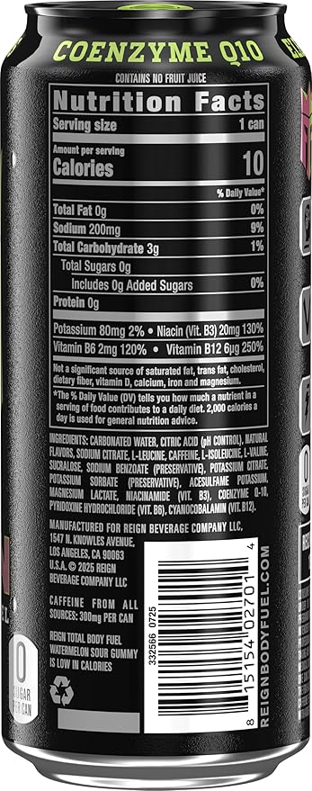 Reign Total Body Fuel Watermelon Sour Gummy Fitness &amp Performance Drink 16 Fl Oz (Pack of 12)