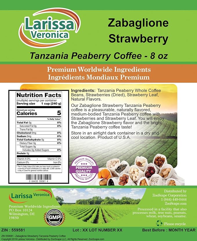 Zabaglione Strawberry Tanzania Peaberry Coffee (Gourmet Naturally Flavored Whole Coffee Beans) (8 oz ZIN: 559581) - 3 Pack