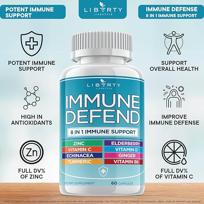 8 in 1 Immune Defense Support Immunity Vitamins Supplement Booster Zinc 50mg Vitamin C Elderberry VIT D3 5000 IU Turmeric Curcumin &amp Ginger Echinacea - Allergy Relief for Kids Adults (2 Pack)