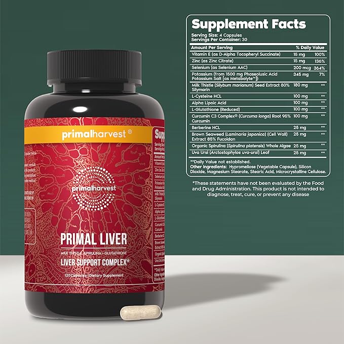 Primal Harvest Primal Liver Liver Supplement with Alpha-Lipoic Acid L-Cysteine HCL L-Glutathione Milk Thistle and Spirulina for Men and Women 120 Capsules