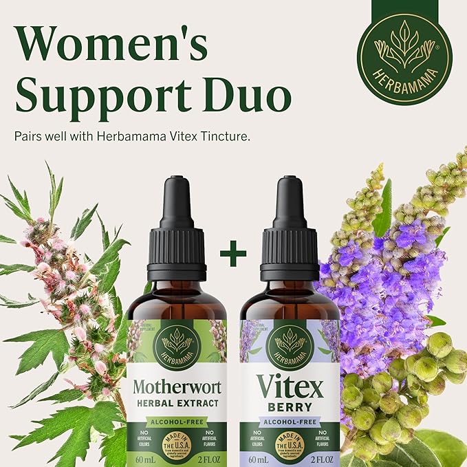 HERBAMAMA Motherwort Tincture - Vegan Motherwort Herb Extract Calm Drops for Women's Support - Non-GMO Alcohol &amp Sugar-Free Liquid Relaxation Supplement 28-Day Supply
