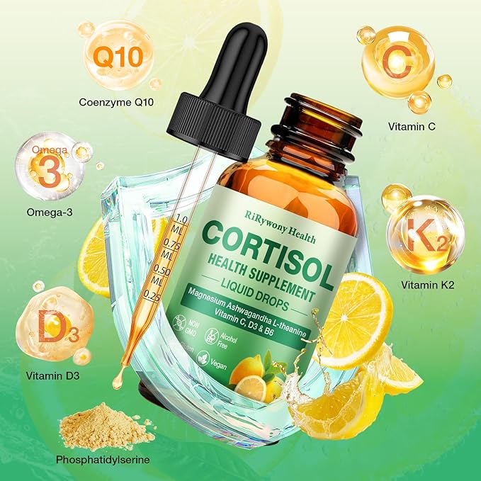 Cortisol Supplement for Women &amp Men - Cortisol Detox Reducer Magnesium Glycinate Ashwagandha L-Theanine Phosphatidylserine - Hormone Balance for Calm Mood Focus Sleep (2 FL.OZ Lemon)