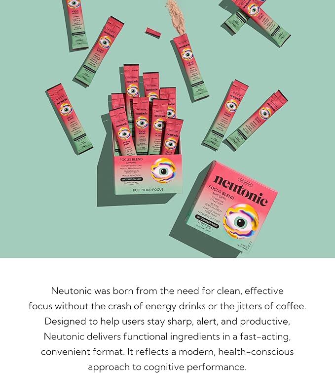 Neutonic Nootropic Focus Blend Powder | Watermelon Mint 16 Sticks | Caffeine Free Zero Sugar | Support Memory Mental Clarity Cognitive Function | Boost Focus Energy Brain Health