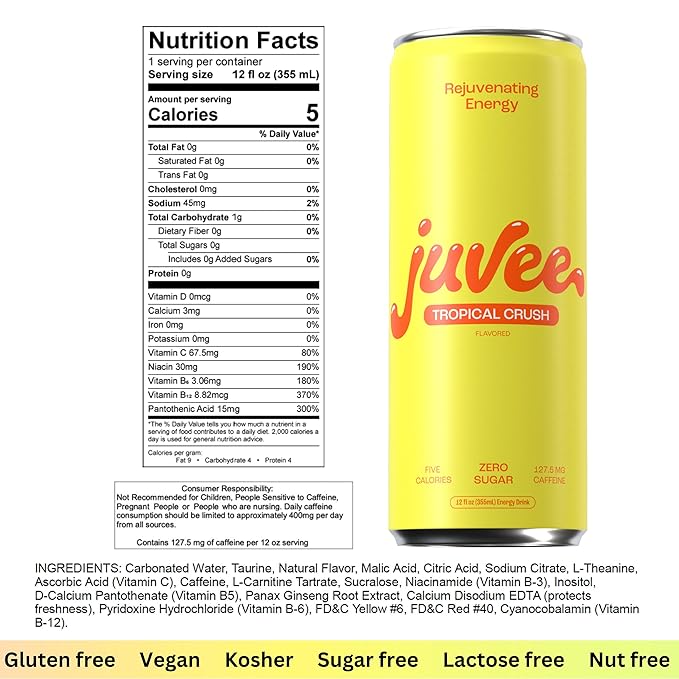 Juvee Rejuvenating Energy Drink – Sugar Free Tropical Crush Flavor 12 oz Cans (12-Pack) – 128mg Natural Caffeine Zero Sugar Low Calorie Clean Energy &amp Mental Focus Support