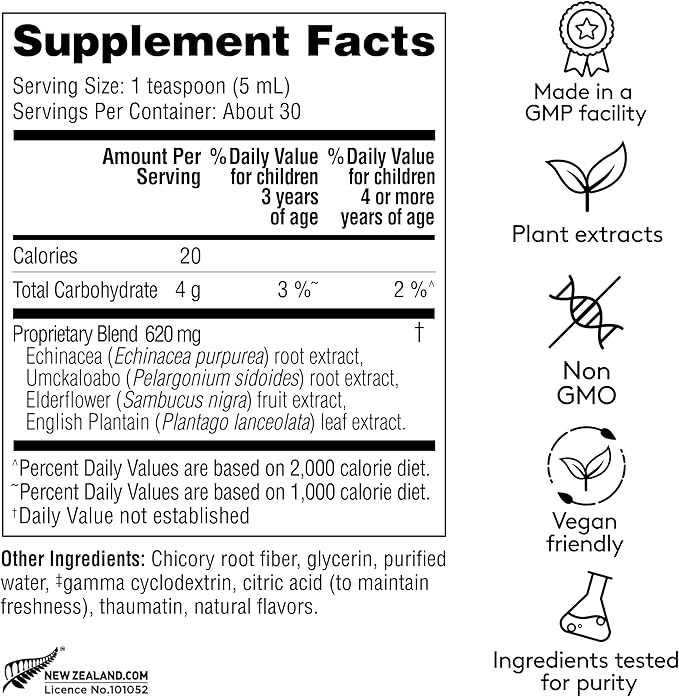 Children's Ear Nose &amp Throat Syrup Herbal Formula for Sinuses &amp Seasonal Wellness Includes Echinacea Pelargonium &amp Elderflower Plant-Based - 5.1 Fl oz (30 Servings)
