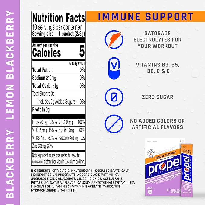Propel Immune Support Electrolyte Enhanced Water Drink Mix Powder Packets Lemon Blackberry 100% DV Vitamin C Good source of Zinc Zero Sugar Hydration with Electrolytes and Vitamins (120 Packets)