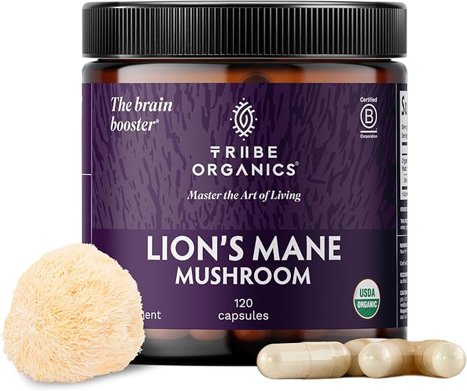 TRIBE ORGANICS Lion’s Mane Supplement 1000mg Mushroom Extract Powder - Immune System Booster &amp Brain Nootropic for Focus and Memory | Mental Clarity | Natural Energy and Immunity - 120 Vegan Capsu