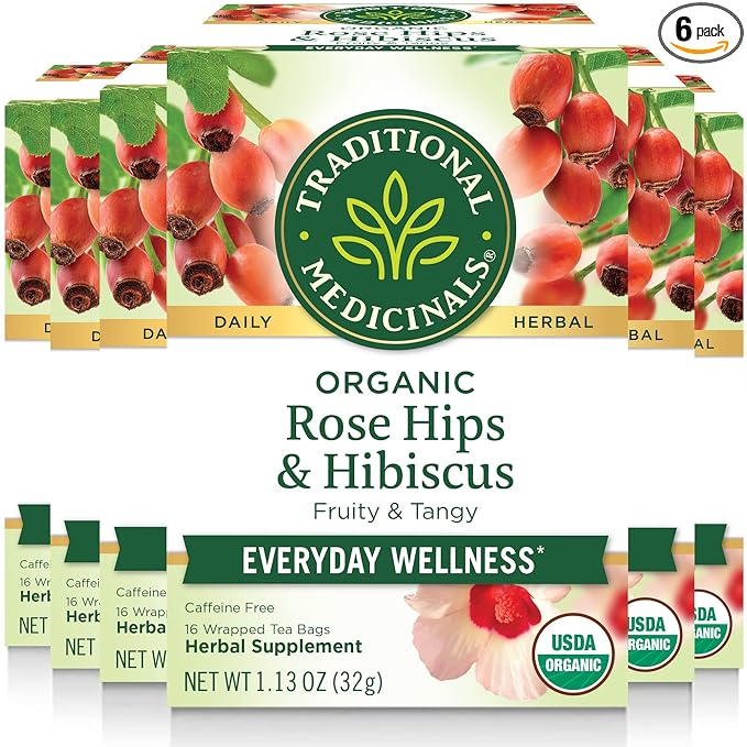 Traditional Medicinals Tea Organic Rose Hips &amp Hibiscus - Supports Everyday Wellness - Kosher Non-GMO Caffeine-Free - 96 Tea Bags (Pack of 6)