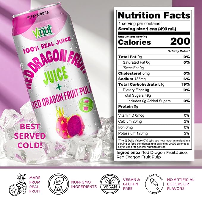 VINUT 100% Red Dragon Fruit Juice with Pulp (Pitaya) No Added Sugar Not From Concentrate 16.57 fl oz (490 mL) Can Pack of 6