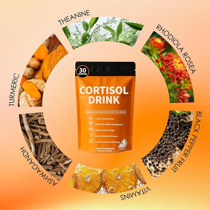 Cortisol Drink Powder - Natural Cortisol Supplements for Ashwagandha L-Theanine Turmeric Root Black Pepper Extract Relaxation Focus Mental Clarity